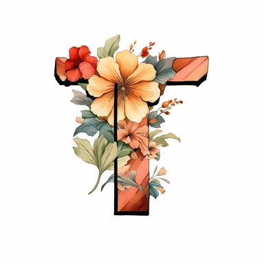 A minimalist digital illustration of the letter T in flower alphabet clipart, presented with a clean and simple aesthetic against a white background. The letter T is formed by a minimal arrangement of flowers, employing clean lines and geometric shapes. The color palette is kept minimalistic, allowing the flowers to stand out with subtlety. The white background emphasizes the simplicity of the floral alphabet, creating a sleek and contemporary visual appeal. Soft, diffused lighting enhances the 