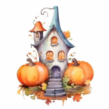 watercolor A clip art image featuring with pumpkin fairy house isolated white background, minimalist, 8K, c20