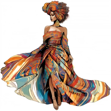 Fashion girl African American illustration clipart isolated white background, gracefully draped in a flowing traditional African dress featuring a kaleidoscope of colorful prints and intricate patterns, accessorized with handcrafted gold jewelry, positioned against a stark, contrasting white backdrop, the piece embodies a rich sense of cultural pride, elegance, and grace, Digital Art, vector-based design incorporating detailed patterns, textures and a radiant palette of colors to emphasize the t
