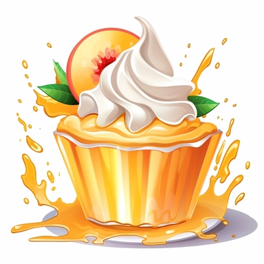 a cartoon clip art peach pie with a sliced peach in a whip cream dollop splash that looks delicious for gummy food packaging. Must have a white background with no drop shadow
