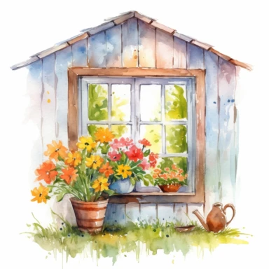 Watercolor spring window with flowers. Countryside summer house clipart white background