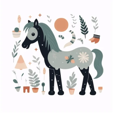 a baby horse clipart with illustration, full body shot ,8k, style of Bohemian, style of Anna Süßbauer and Jon Klassen,vector, Vector, white background,Solid Background, Sharpness and clarity, masterpiece, trending on Artstation and Dribbble.