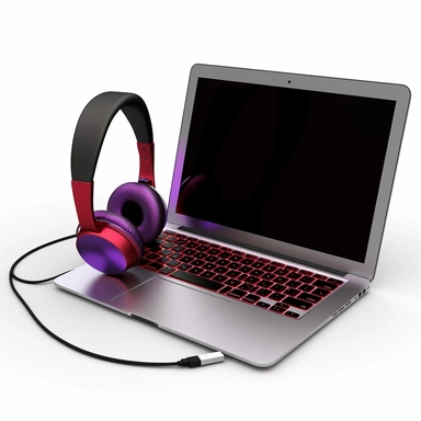3d model of macbook with headphones, black+red+silver+purple, clipart, white background