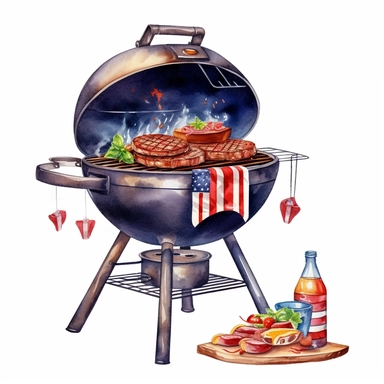 Cute Beautiful Patriot Barbecue Grill For 4th Of July Watercolor Sublimation Clipart,Cartoon, hyper realistic, intricate detail, illustration style,high solution,on the white background