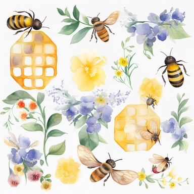 A delightful watercolor clipart set featuring busy bees and intricate honeycombs, painted with delicate brushstrokes that highlight the vibrant colors and gentle details of these charming, nature-inspired elements.