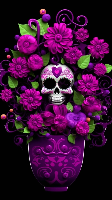 create a funny flowers bouquet, magenta and purple petals, as Halloween, bright green stem, black background, tiny purple bats flying around the flowers, and some tiny funny Catrina skulls for Halloween over emery flower, clipart,