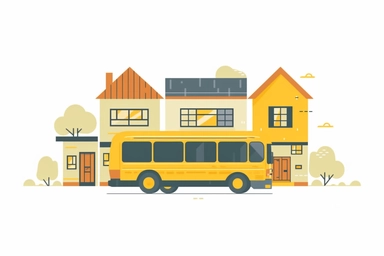 modern yellow bus in a village. front shot, minimalist style, infographic illustration style character, Kurzgesagt animation style, thick lines, infographic animation style. Very minimal detail. 2D drawing, clip art, trending on video hive, After Effects, colorful, flat shade. solid untextured white background