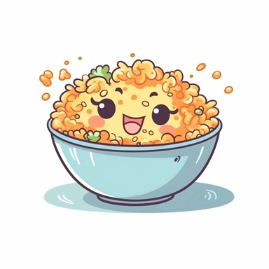 cute clipart icon of fried rice, anime style, in white background, soft color blending, rounded