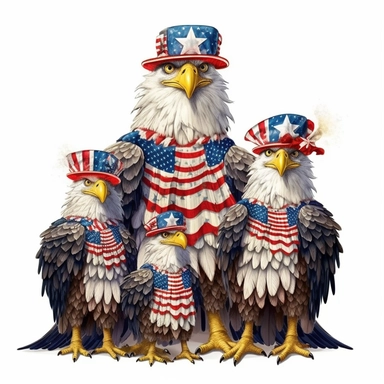 digital clipart, solid white background, a realistic family of stellers sea patriotic eagle wearing 4th July apparel