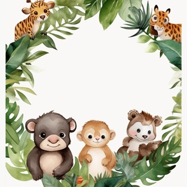create a digital clipart frame of jungle baby animals and forest, white background, 4k