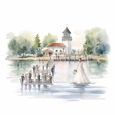 watercolour wedding ceremony on the water, clipart on white background, highly detailed, professional color gradation, clean sharpness