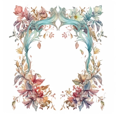 Enchanting Hand-Drawn Baroque Frames: A Whimsical, Floral Fantasy - Digital Clipart with Ornate Leaves and Delicate Watercolor Borders, isolated on a white background, single design, 4k