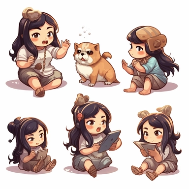 a watercolor Kawaii looking gamer chibi character of a girl with black long hair and her big brown overweight dog with floppy ears and white chest. Together they do different emotional expressions. On white background as clipart. 6 panels with very different poses.