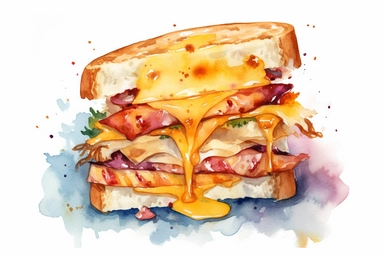watercolor ham and cheese sandwich with melted cheese clipart art, hd, on white background, spaced out