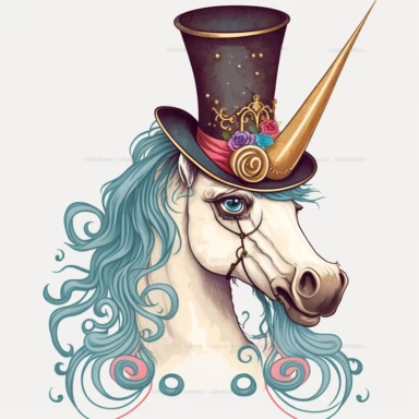 fancy unicorn with top hat, monocle and curly moustache clipart