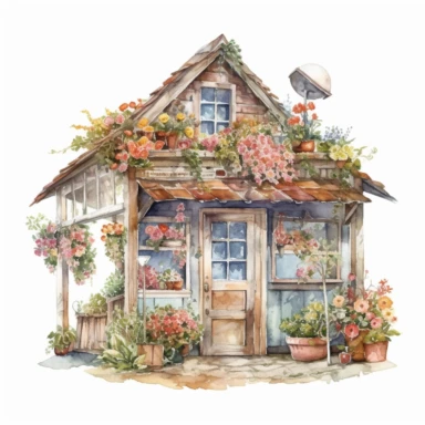 Vintage Flower Hut watercolor clipart, white background, hyper realistic