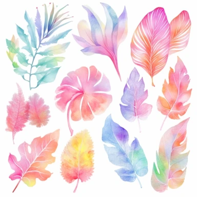 soft colorful neon pastel colored big leaves and flowers clipart set, colorful fairy pastel colors watercolor style, plain white background, use of fabric, intricate depth of shading in soft watercolor style, watercolor--v 4