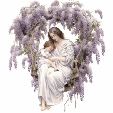 A Victorian mother, holding her baby in a white blanket, sitting under a tree full of hanging wisteria blossoms. The soft laughter they share harmonizes with the tranquility of the setting. Intricate detail, hyper-realistic, solid white background. Clipart