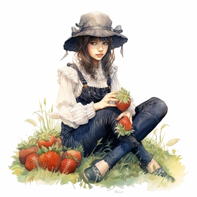 Front illumination of ultra realistic watercolor of full body of an insanely beautiful victorian era happy farm girl, sitting on the field with some strawberries next to her, strawberry themed highly detailed and realistic, insane quality, mystic, wiccan, art nouveau art style, clipart witchcore dreamcore cottagecore white background no text, isolated on white, ghibli style, watercolor illustration, award winning