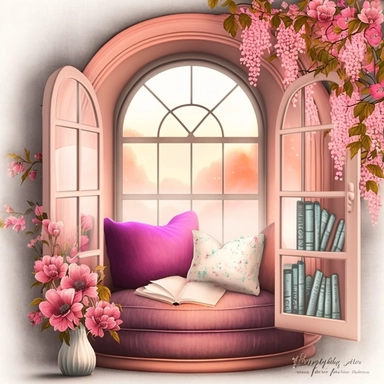 Bookworm cozy reading corner, flowers, window, peach and magenta, clipart
