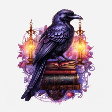 Watercolour dark fantasy black royal gothic deadly nightshade raven stood on dark magic books with deadly nightshade lantern magnificent gothic raven mesmerising compelling features perfect magnificent detailed wings beautiful compelling realistic eyes ultra highly detailed, 18k, sharp focus, bright photo with rich colours digitally enhanced, enhanced graphics, straight, sharp focus, bright lighting, intricate detailed png image ,high definition,300dpi,graphic clipart,computer graphics