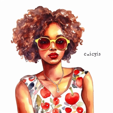 a watercolor fashion illustration on a white background of clipart of a girl with dark skin wearing a cherry print dress and yellow glasses. The dress should feature a lively pattern of bright red cherries on a white background, perfectly complementing the girl's vibrant style. Her hair should be styled in a curly afro, radiating confidence and individuality. Embrace a colorful and summery aesthetic, capturing the essence of warmth and fashion-forward attitude. The final image should be a full b