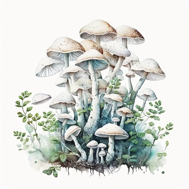watercolor, a bunch of thin loong mashrooms in white color, a lot of details, good quality illustration, clipart, white background