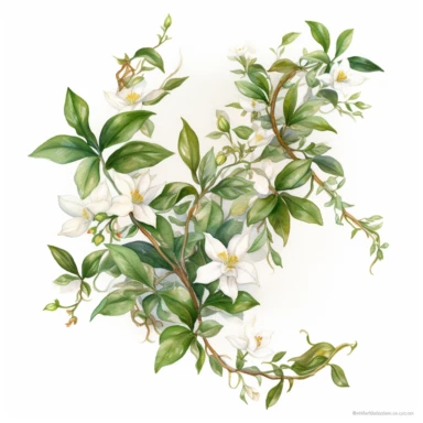 Illustrate a watercolor clipart composition of a jasmine vine, capturing the elegance and charm of these flowers in the Michelangelo-inspired Watercolor Haven style on a white background. The harmonious composition, rich colors, and chiaroscuro techniques make this jasmine vine a beautiful choice for various designs.