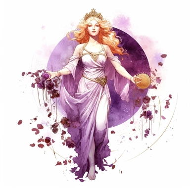 Fantasy style ancient roman Blonde Aurora Goddess with watercolor effect,Celestial Twinkles,full body,Purple Saffron flowers,ancient roman fashion,ancient scene,suitable for digital clipart,white background,Unrealistic Effects