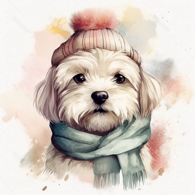 Cute Havanese puppy clipart ,happy expression, standing in dynamic pose, FLUFFY FUR, wears a COZY HAT, COTTON KNITTED SCARF, SWEATER, front view, in the style of watercolor cartoon clipart, kate greenaway style, high resolution, composition free space, pastel color scheme, soft and tender, watercolour clipart, watercolor illlustration for kids and children,isolated white background, clipart most popular on etsy, book illustration, featured on dribble,print on demand image, PNG tranparent backgro