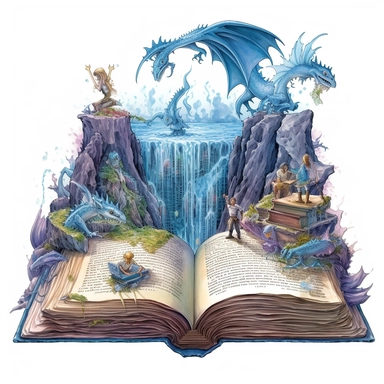 fantasy scene coming out of an open book, elves, orcs, dragons, magical, watercolors, Clipart, pastel blue color theme, intricate and detailed