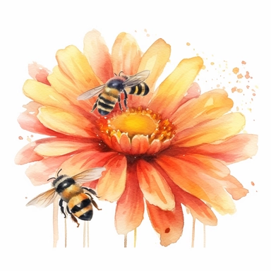 Create a charming watercolor clipart of bees and flowers. The scene should include several bees buzzing around a variety of vibrant flowers, collecting nectar. The style should mimic that of a watercolor painting, with soft edges, subtle color blending, and the characteristic transparency of the medium. Use a digital rendering technique that mimics the effect of a watercolor brush on a textured paper. The lighting should be soft and diffused, as if it's a sunny day. The colors should be bright a