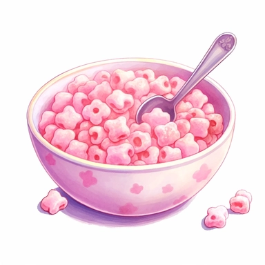 kawaii pink bowl of cereals with a spoon inside de bowl, pink palette, super cute, so adorable that is breaks your heart, full body, watercolor clipart, isolated on white background, cute-core