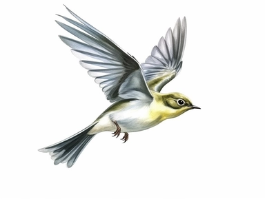 Wood warbler flying Watercolor isolated on white background, Watercolor Clipart painting, high quality, HD, children's book illustrations, realistic lifelike figures, white background