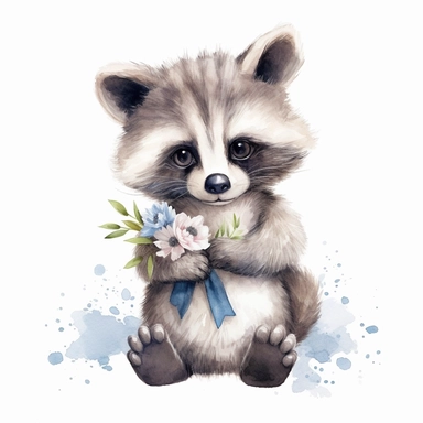 a sweet baby raccoon with kind eyes clipart with watercolor illustration,full body shot,8k,etsy style, white background