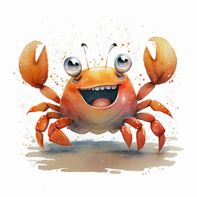 watercolor illustration happy crab, cartoon style, white background, clipart