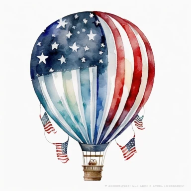 hot air balloon clipart american flag patriotic, water color, white background