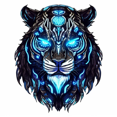 a glowing tribal tiger with blue lights on his eyes, tribal animals, in the style of bold black outlines, manhwa character design, master of shadows, burned/charred, himalayan art, dark black and light azure, 2d game art, quadratura, clipart, on white blackground