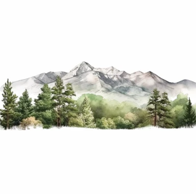 Watercolor wide mountain scene with trees, beautiful details, ultra detailed, ultra photo real intricate detailed, high definition, graphic clipart, hyper realistic, detailed, white background