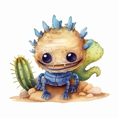 a baby scorpion with cute big eyes, happy smiling face, cute animal, adorable, playful atitude, adorable watercolor animal clipart with a few cactus and sand decor, no background, high quality