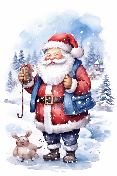christmas theme Watercolor Cute santa claus wearing red & blue Clipart Collection in beautiful winter landscape with a lot of snow and a small lake, christmas theme, detailed, isolated, white background, one pattern,