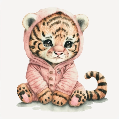 watercolor and pencil sketch of happy cute baby tiger with big eyes wearing baby pajamas, pastel pink, hyper detailed, white background, 4k, hd, Clipart