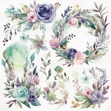 Design a set of watercolor-style digital cliparts specifically for wedding and event decorations. The cliparts should include elements such as flowers, garlands, wreaths, ribbons, and romantic symbols like hearts and doves. Consider various color palettes and styles to cater to both traditional and modern weddings and events. The cliparts should be versatile and suitable for use in invitations, save-the-date cards, menu cards, table cards, seating charts, and other decorative elements