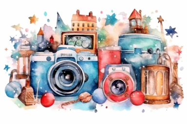 magical christmas watercolor clipart, in the style of toy camera effects, magnified ornamentation, organic material