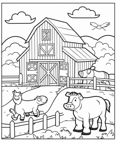 Create a coloring page featuring various farm animals like cows, chickens, pigs, and horses. Include a barn or a fenced pasture in the background coloring page with Farming background design as an outline art drawing with thick bold clear lines that are neatly joined up together, outline, clipart, no colors, no shadows, no details, HD