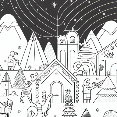 Elaborate Christmas scene, clipart style, line art, bold lines, smooth lines, clean, white, mono, fun, simple, “interesting complimenting background” uhd, 32k