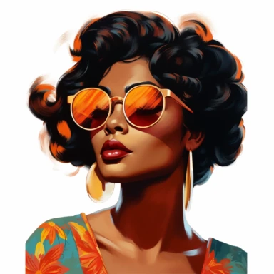 the face of a beautiful black girl from the 50s, amazed, with sunglasses casually on her nose, make-up in warm and vibrant colors, clipart, white background,--v 5