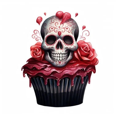 black cupcake with red icing and an icing sugar skull sat on top, watercolour illustration clipart, extremely detailed, 4k, high quality, isolated on white background watercolour