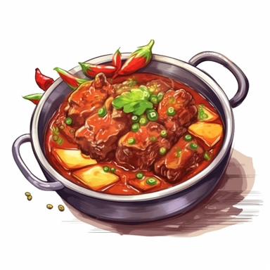 Rendang (Spicy Beef Stew) logo watercolor,simple Watercolor, hyper realistic, white background, white margins, 16k, ultra detailed clipart, cut out image, hand - drawn, whimsical manhwa style, ultra HD, sharp and clean art
