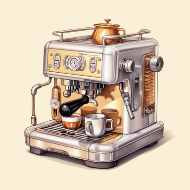 watercolor art of coffee machine, in the style of realistic and hyper-detailed renderings, sketchfab, ahmed morsi, realistic watercolor paintings, use of common materials, handcrafted designs clipart tan and silver with background removed